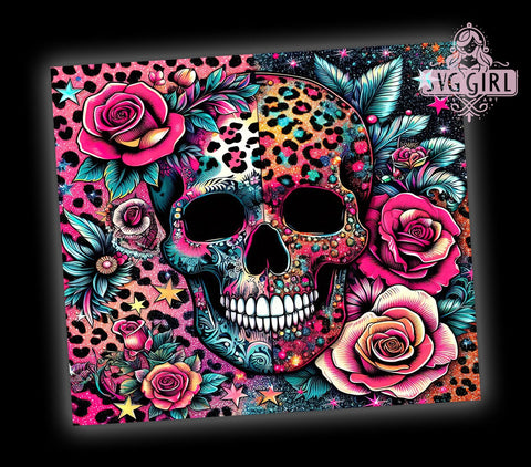 Leopard Glitter Flower and Skull 20oz Tumbler Wrap Sublimation Design, Straight Tapered Tumbler Wrap, Floral Skull Tumbler Png, Instant Digital Download Sublimation SvggirlplusArt 