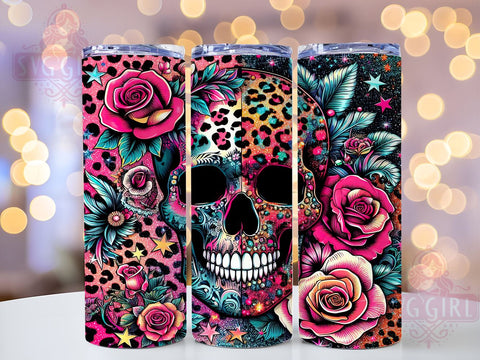 Leopard Glitter Flower and Skull 20oz Tumbler Wrap Sublimation Design, Straight Tapered Tumbler Wrap, Floral Skull Tumbler Png, Instant Digital Download Sublimation SvggirlplusArt 