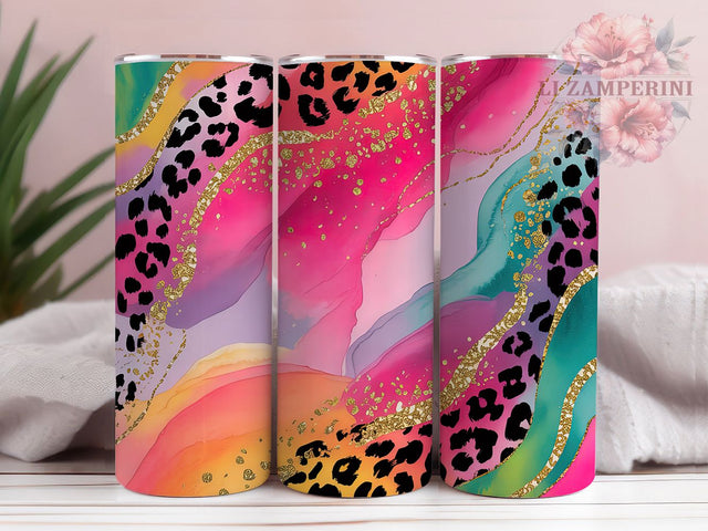 Leopard Glitter Glam 20oz Tumbler, Pink Blue Silver, Animal Print, Bold Black Spots, Luxurious Style, 20oz Tumbler Wrap, Sublimation PNG Sublimation Li Zamperini 