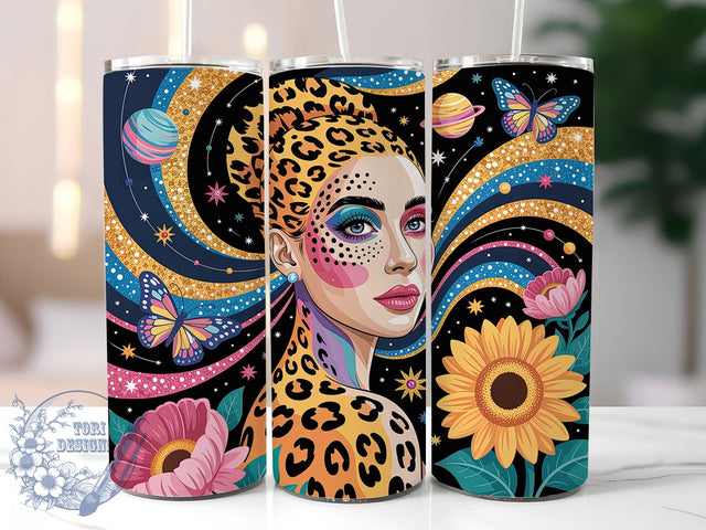Leopard Lady Sunflower Butterfly Tumbler Wrap, Collage Art, Sunflowers Theme, Butterflies Motif, Bold Floral, Glam Style, Sublimation Wrap Sublimation ToriDesigns 