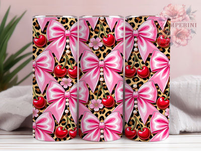 Leopard Print Cherry Bow 20oz Tumbler, Leopard Print, Cherry Motif, Bow Accent, Glam Style, Playful Charm, Skinny Tumbler, Sublimation PNG Sublimation Li Zamperini 
