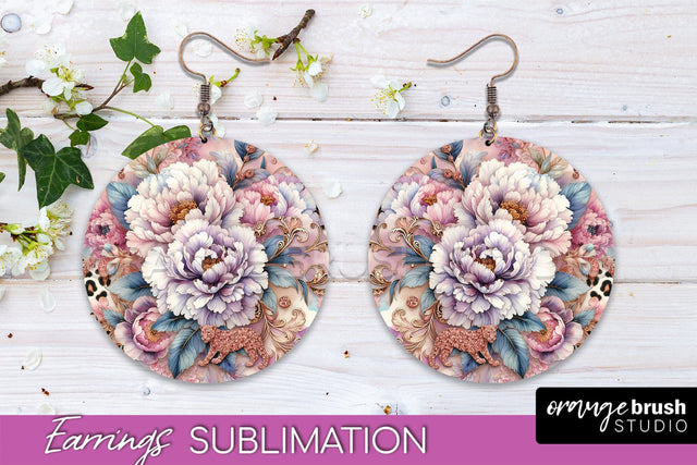 Leopard Print Flower Earrings, Floral Round Earring PNG Sublimation OrangeBrushStudio 