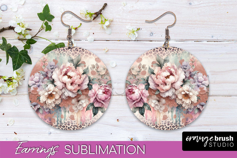 Leopard Print Flower Earrings, Floral Round Earring PNG Sublimation OrangeBrushStudio 