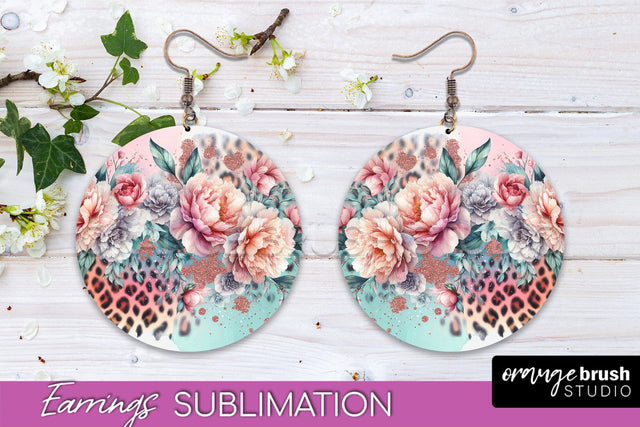 Leopard Print Flower Earrings, Floral Round Earring PNG Sublimation OrangeBrushStudio 