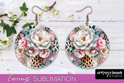 Leopard Print Flower Earrings, Floral Round Earring PNG Sublimation OrangeBrushStudio 