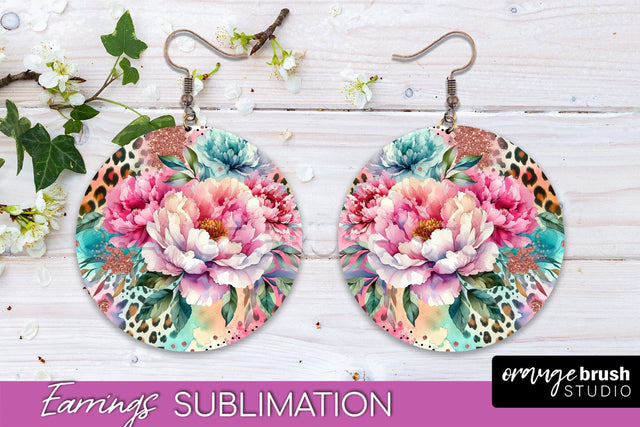 Leopard Print Flower Earrings, Floral Round Earring PNG Sublimation OrangeBrushStudio 