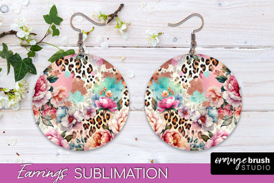 Leopard Print Flower Earrings, Floral Round Earring PNG Sublimation OrangeBrushStudio 