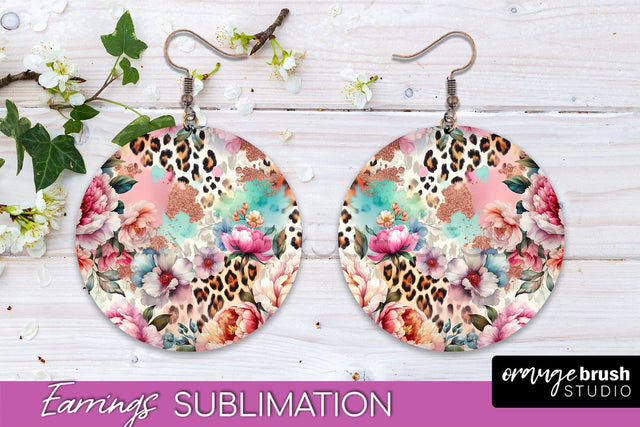 Leopard Print Flower Earrings, Floral Round Earring PNG Sublimation OrangeBrushStudio 