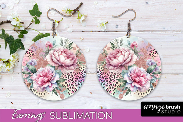Leopard Print Flower Earrings, Floral Round Earring PNG Sublimation OrangeBrushStudio 