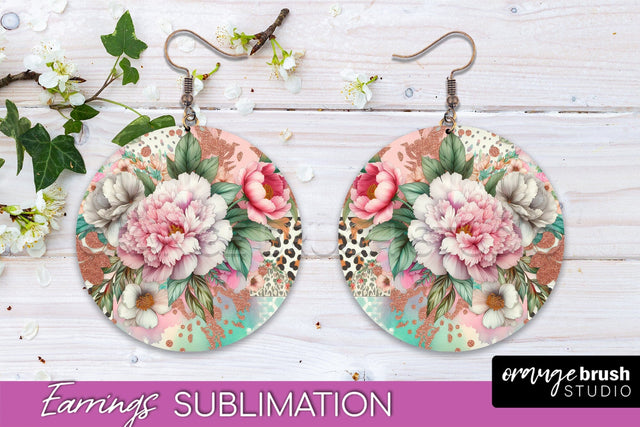 Leopard Print Flower Earrings, Floral Round Earring PNG Sublimation OrangeBrushStudio 