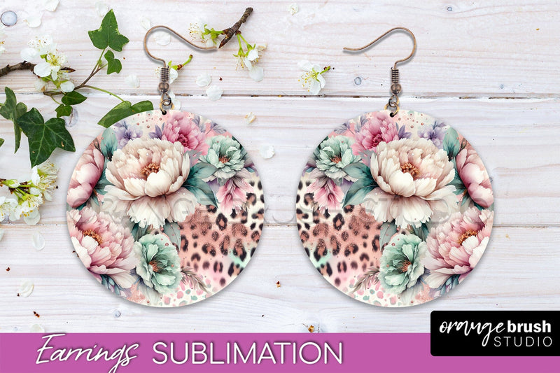 Leopard Print Flower Earrings, Floral Round Earring PNG Sublimation OrangeBrushStudio 