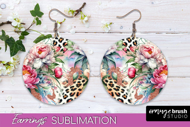 Leopard Print Flower Earrings, Floral Round Earring PNG Sublimation OrangeBrushStudio 