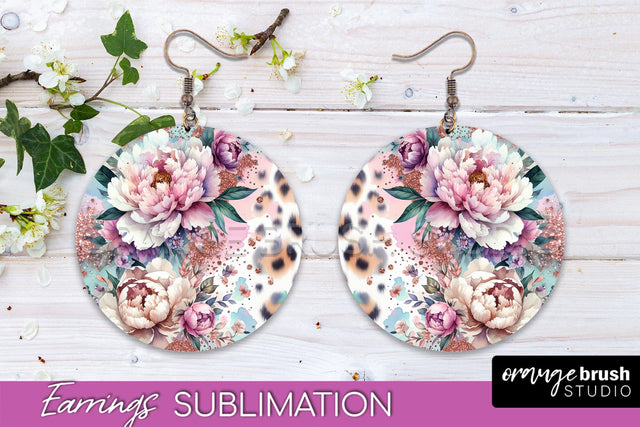 Leopard Print Flower Earrings, Floral Round Earring PNG Sublimation OrangeBrushStudio 