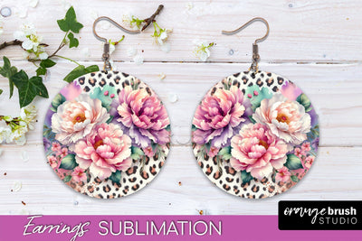 Leopard Print Flower Earrings, Floral Round Earring PNG Sublimation OrangeBrushStudio 