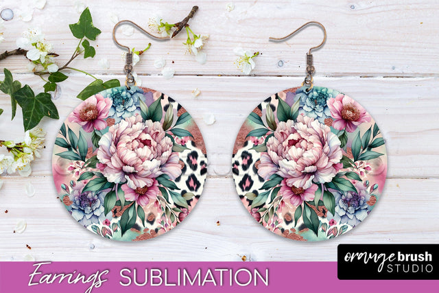 Leopard Print Flower Earrings, Floral Round Earring PNG Sublimation OrangeBrushStudio 