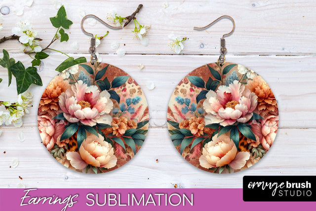 Leopard Print Flower Earrings, Floral Round Earring PNG Sublimation OrangeBrushStudio 