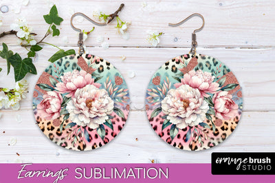 Leopard Print Flower Earrings, Floral Round Earring PNG Sublimation OrangeBrushStudio 