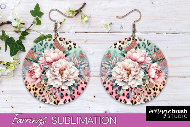 Leopard Print Flower Earrings, Floral Round Earring PNG Sublimation OrangeBrushStudio 