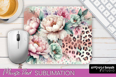 Leopard Print Flower Mousepad Sublimation Floral Mouse Pad Sublimation OrangeBrushStudio 