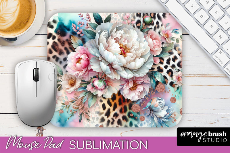 Leopard Print Flower Mousepad Sublimation Floral Mouse Pad Sublimation OrangeBrushStudio 