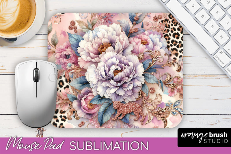 Leopard Print Flower Mousepad Sublimation Floral Mouse Pad Sublimation OrangeBrushStudio 