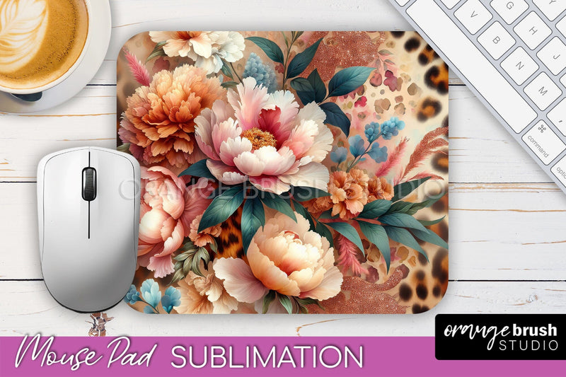 Leopard Print Flower Mousepad Sublimation Floral Mouse Pad Sublimation OrangeBrushStudio 
