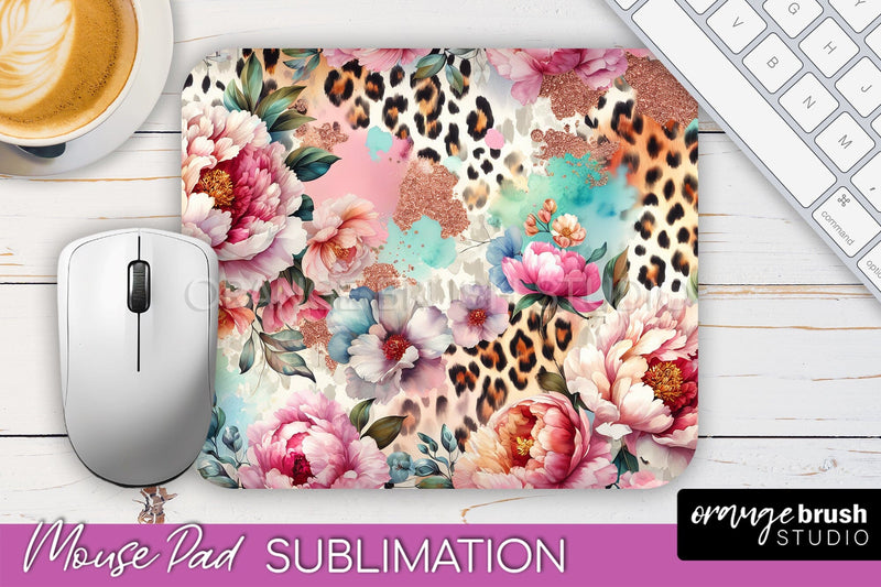 Leopard Print Flower Mousepad Sublimation Floral Mouse Pad Sublimation OrangeBrushStudio 