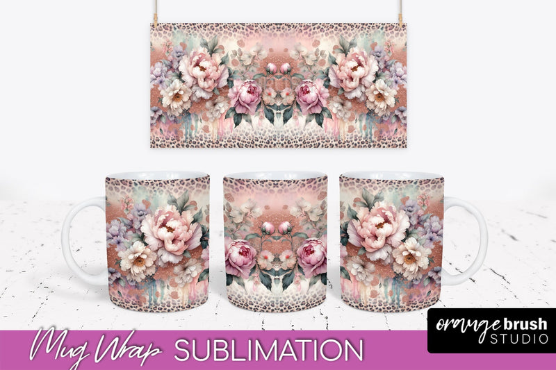 Leopard Print Flower Mug Wrap - Floral Mug Sublimation PNG Sublimation OrangeBrushStudio 