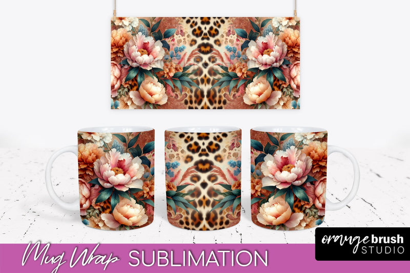 Leopard Print Flower Mug Wrap - Floral Mug Sublimation PNG Sublimation OrangeBrushStudio 