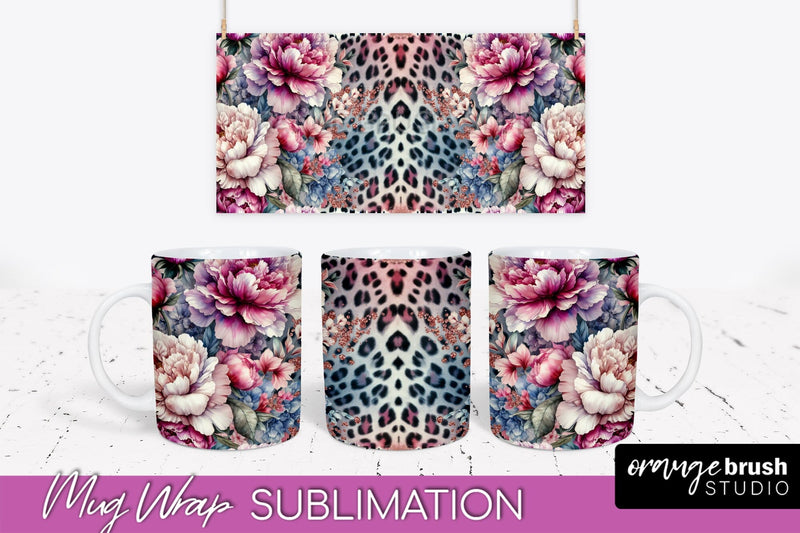 Leopard Print Flower Mug Wrap - Floral Mug Sublimation PNG Sublimation OrangeBrushStudio 