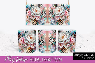 Leopard Print Flower Mug Wrap - Floral Mug Sublimation PNG Sublimation OrangeBrushStudio 