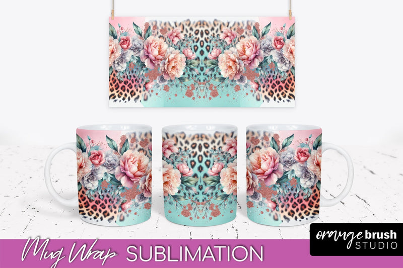 Leopard Print Flower Mug Wrap - Floral Mug Sublimation PNG Sublimation OrangeBrushStudio 
