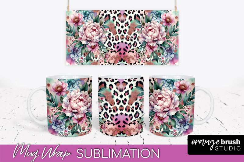 Leopard Print Flower Mug Wrap - Floral Mug Sublimation PNG Sublimation OrangeBrushStudio 