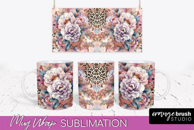 Leopard Print Flower Mug Wrap - Floral Mug Sublimation PNG Sublimation OrangeBrushStudio 