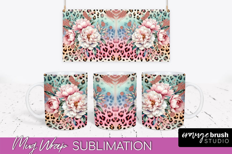 Leopard Print Flower Mug Wrap - Floral Mug Sublimation PNG Sublimation OrangeBrushStudio 