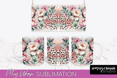Leopard Print Flower Mug Wrap - Floral Mug Sublimation PNG Sublimation OrangeBrushStudio 