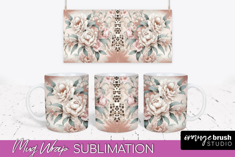 Leopard Print Flower Mug Wrap - Floral Mug Sublimation PNG Sublimation OrangeBrushStudio 