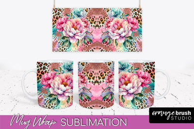 Leopard Print Flower Mug Wrap - Floral Mug Sublimation PNG Sublimation OrangeBrushStudio 