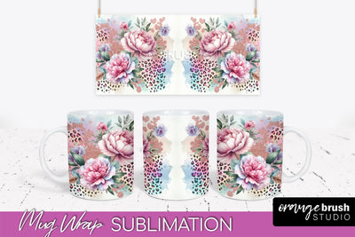 Leopard Print Flower Mug Wrap - Floral Mug Sublimation PNG Sublimation OrangeBrushStudio 