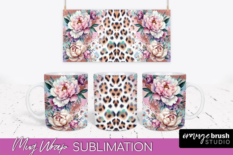 Leopard Print Flower Mug Wrap - Floral Mug Sublimation PNG Sublimation OrangeBrushStudio 