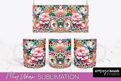 Leopard Print Flower Mug Wrap - Floral Mug Sublimation PNG Sublimation OrangeBrushStudio 