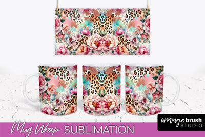 Leopard Print Flower Mug Wrap - Floral Mug Sublimation PNG Sublimation OrangeBrushStudio 