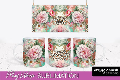Leopard Print Flower Mug Wrap - Floral Mug Sublimation PNG Sublimation OrangeBrushStudio 