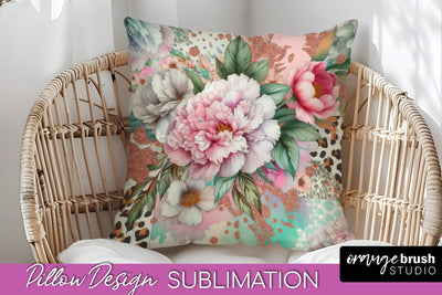 Leopard Print Flower Pillow Cover, Floral Pillow Sublimation Sublimation OrangeBrushStudio 