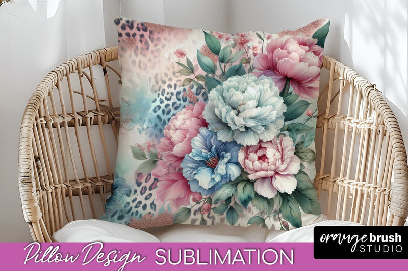 Leopard Print Flower Pillow Cover, Floral Pillow Sublimation Sublimation OrangeBrushStudio 