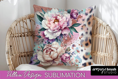 Leopard Print Flower Pillow Cover, Floral Pillow Sublimation Sublimation OrangeBrushStudio 
