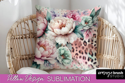 Leopard Print Flower Pillow Cover, Floral Pillow Sublimation Sublimation OrangeBrushStudio 