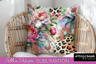 Leopard Print Flower Pillow Cover, Floral Pillow Sublimation Sublimation OrangeBrushStudio 