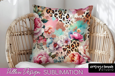 Leopard Print Flower Pillow Cover, Floral Pillow Sublimation Sublimation OrangeBrushStudio 