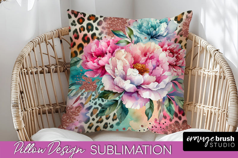Leopard Print Flower Pillow Cover, Floral Pillow Sublimation Sublimation OrangeBrushStudio 